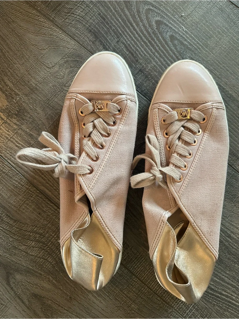 Michael Kors Blush Pink Canvas Sneakers with Gold Heel and Accents